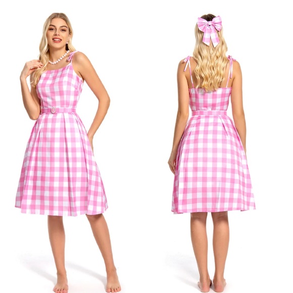 Margot Robbie Barbie The Movie Pink Plaid Dress and Accessories, Barbie Costume - Picture 3 of 10